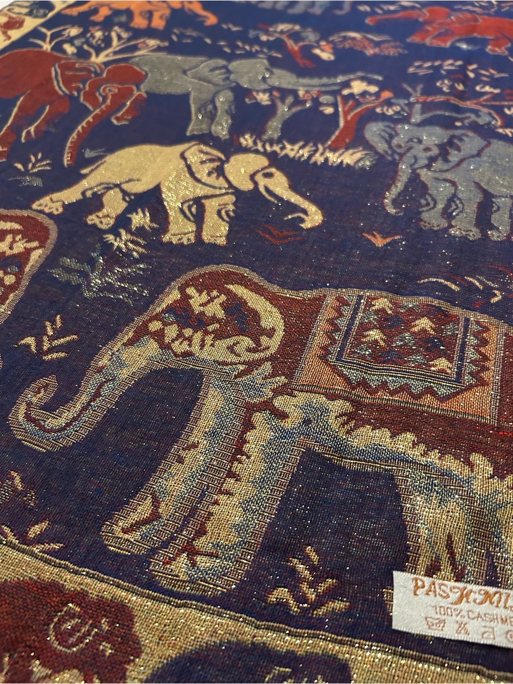 Purple & Tan Pashmina Scarf Wrap w/ Ornate Burgundy Elephant Pattern India 66x27
